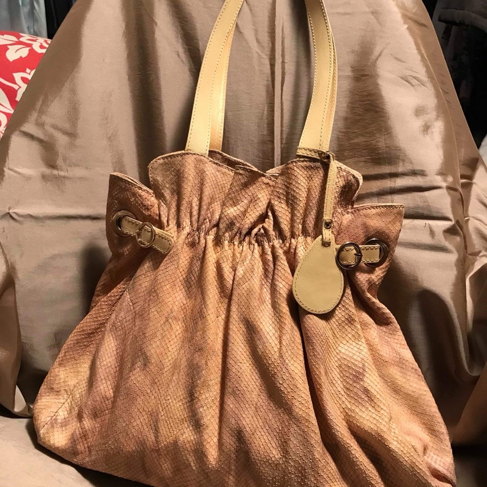 Tan Slouchy Shoulder Bag with Rosette Embellishment